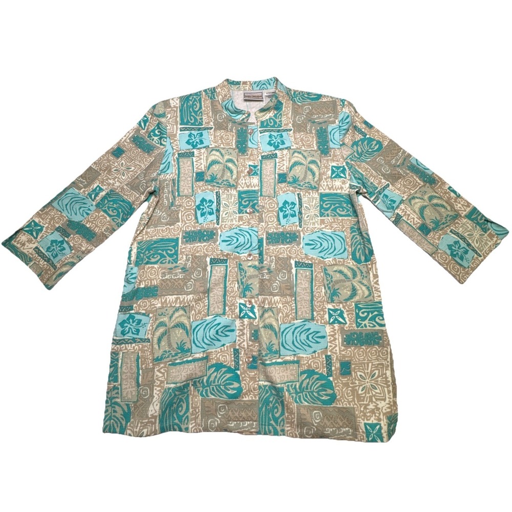 Napa Valley Petites Rayon Tropical Batik Button Up Tunic Teal Tan PC41T50 Size P